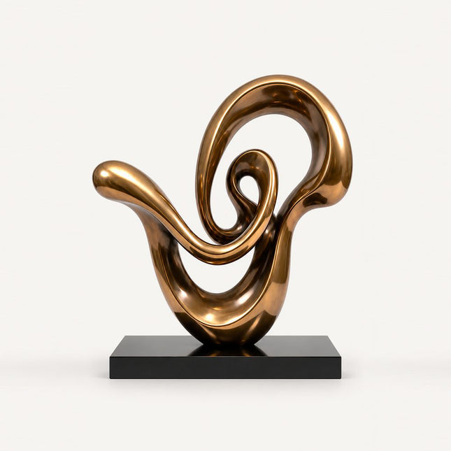 Bronze-tone stainless steel spiral sculpture with flowing abstract loops and a black rectangular base.