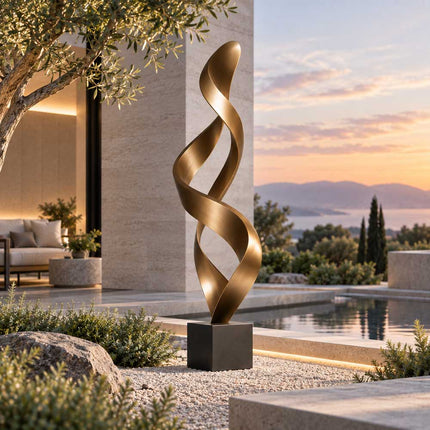 Twisting bronze ribbon sculpture displayed beside a private swimming pool at sunset