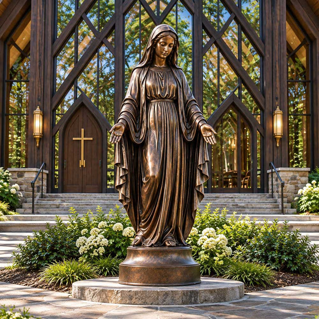 Bronze Virgin Mary statue with open hands displayed in a church garden