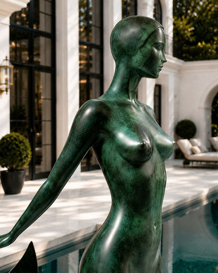Close-up detail of bronze woman sculpture with handcrafted patina surface