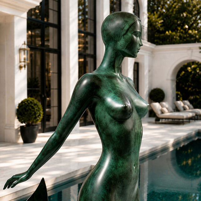 Close-up detail of bronze woman sculpture with handcrafted patina surface