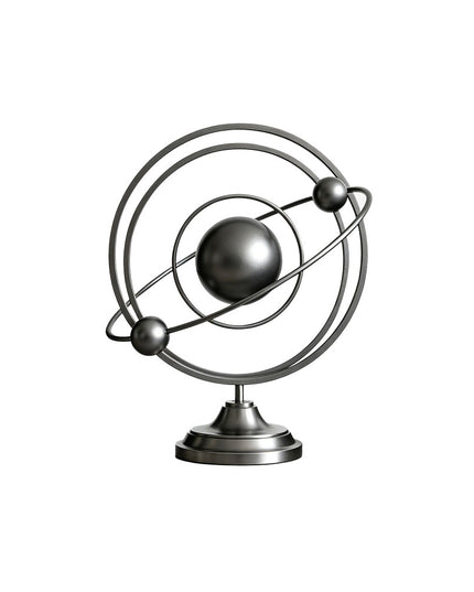 Abstract geometric tabletop sculpture crafted in stainless steel with orbital-inspired circular forms
