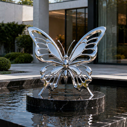 Mirror polished butterfly sculpture displayed above a reflecting pool near contemporary architecture.