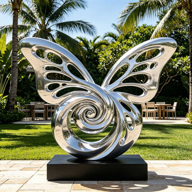 Mirror polished butterfly sculpture displayed on a paved patio in a tropical private garden