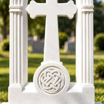 Close-up of Celtic knot medallion and Christian cross between fluted marble columns.