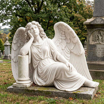 White marble angel statue displayed beside a grave in a cemetery setting