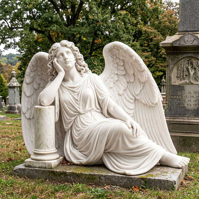 White marble angel statue displayed beside a grave in a cemetery setting
