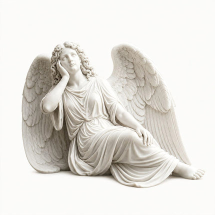 Seated marble angel statue with large feathered wings and flowing classical drapery