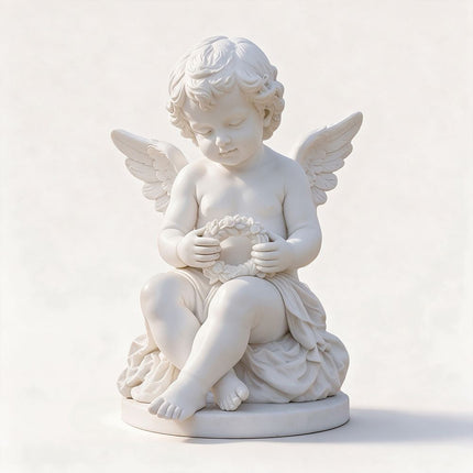 White stone cherub garden statue seated with a floral wreath and feathered wings