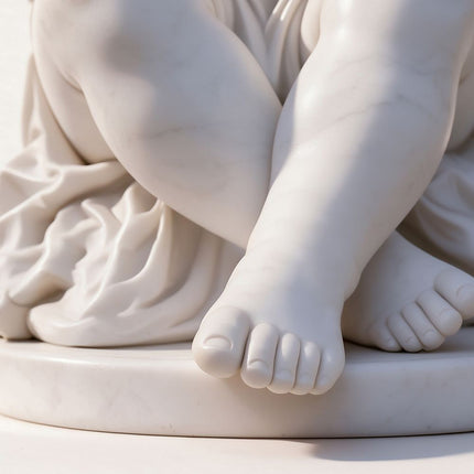 Close-up of the cherub statue's crossed legs, carved toes, flowing drapery, and circular base