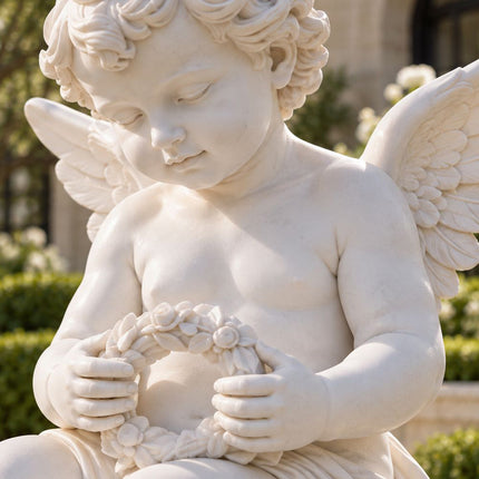 Close-up of a cherub statue's curled hair, feathered wings, hands, and carved floral wreath