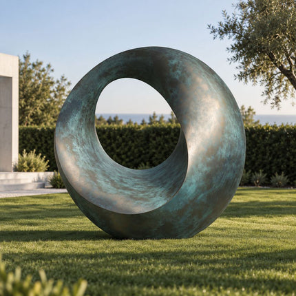 Circular abstract bronze sculpture with green patina in a modern garden