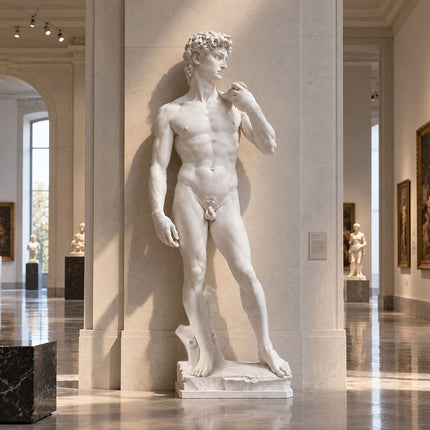 White marble Michelangelo David statue replica displayed against a stone wall in a classical gallery interior