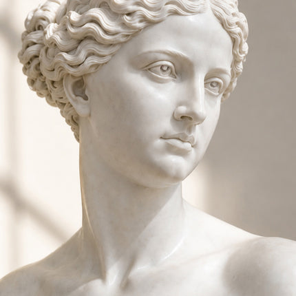 Close-up detail of handcrafted marble female bust facial carving