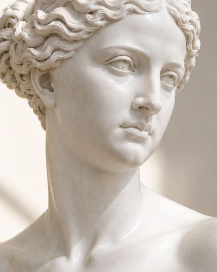Close-up detail of handcrafted marble female bust facial carving
