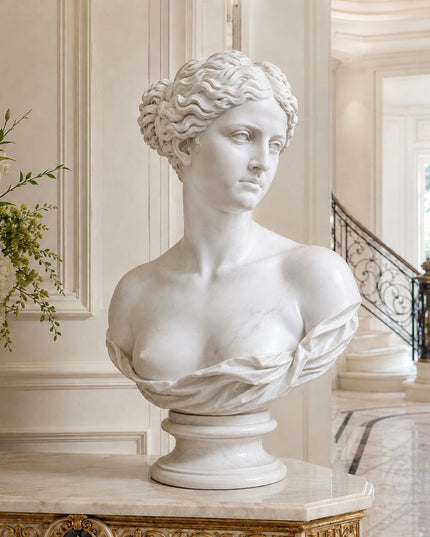 Classical female marble bust displayed in an elegant luxury interior