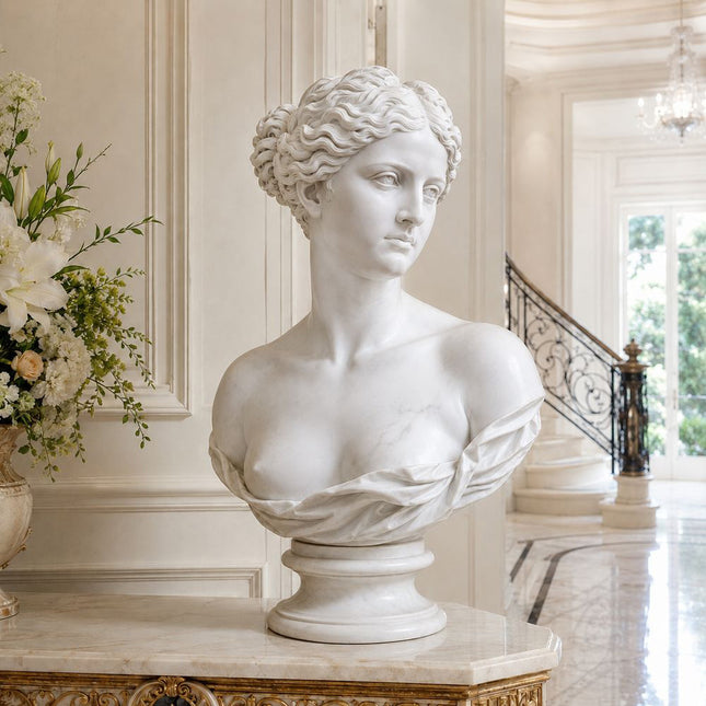 Classical female marble bust displayed in an elegant luxury interior