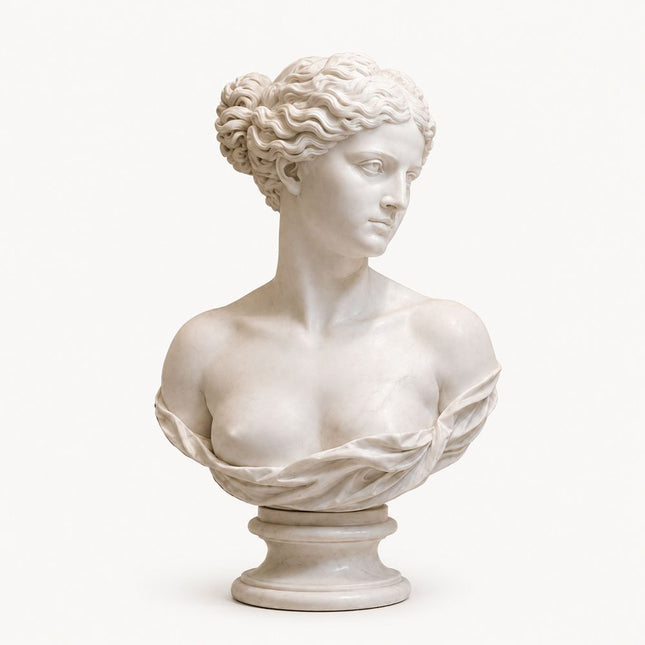Classical female marble bust sculpture with refined portrait details