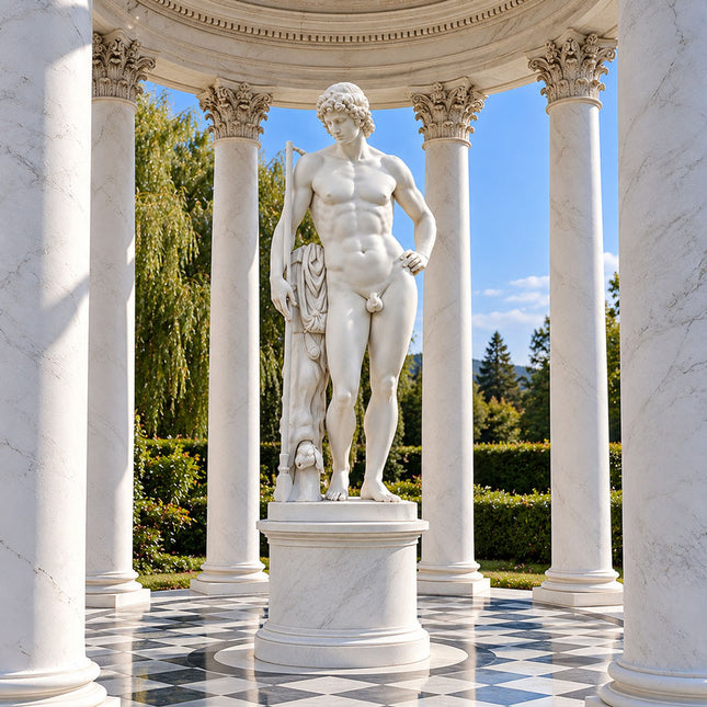 Marble Adonis statue displayed in a classical columned sculpture pavilion