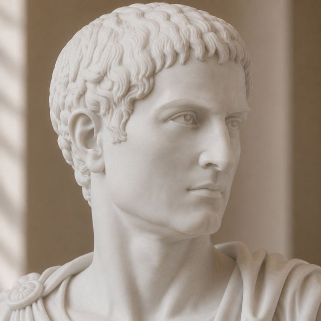 Close-up detail of hand carved facial features on a classical marble bust sculpture