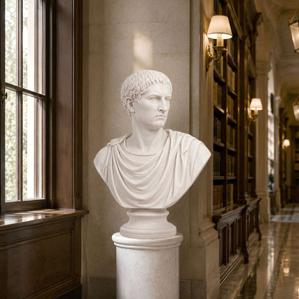 White marble classical bust sculpture displayed in an elegant library interior