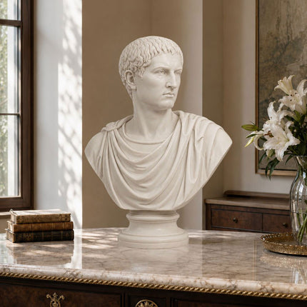 Classical marble bust displayed on a marble console table in a luxury interior