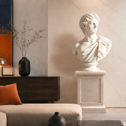 Classical marble portrait sculpture placed in a contemporary interior setting