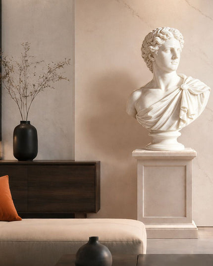 Classical marble portrait sculpture placed in a contemporary interior setting