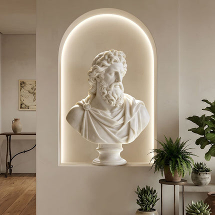 Classical marble bust sculpture featured in a minimalist home interior display