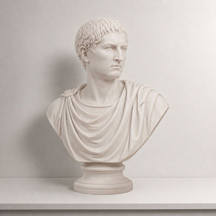 Classical marble bust sculpture with detailed carved drapery and refined finish