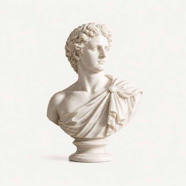 Classical marble bust statue with refined portrait carving details