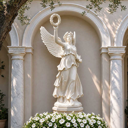 Classical marble Winged Victory statue displayed in an arched architectural garden setting