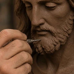 Close-up of a sculptor hand-carving intricate details on a clay sculp