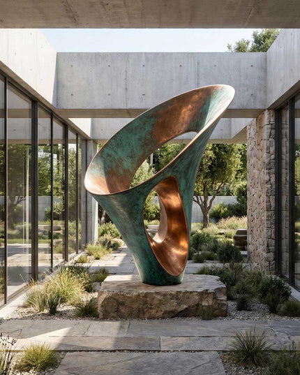 Contemporary abstract bronze sculpture installed in a modern architectural courtyard