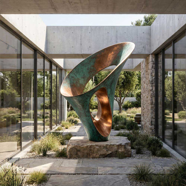 Contemporary abstract bronze sculpture installed in a modern architectural courtyard