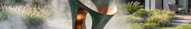 Contemporary garden sculpture displayed in a luxury residential landscape with water features and modern architecture.