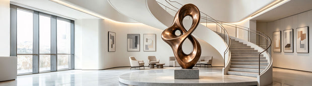 Contemporary abstract sculpture displayed in a modern architectural interior space