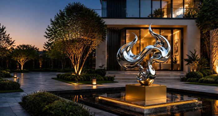 Contemporary stainless steel sculpture displayed in a luxury outdoor space with architectural landscaping