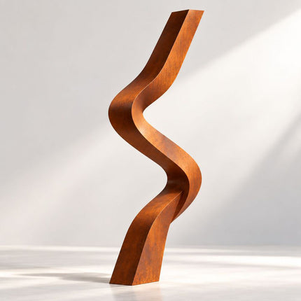 Corten steel sculpture with two parallel ribbons forming a flowing S-curve