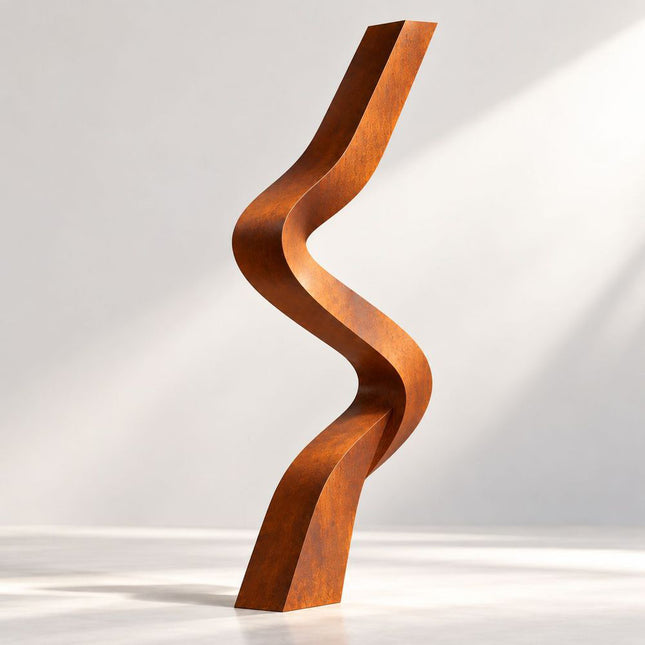 Corten steel sculpture with two parallel ribbons forming a flowing S-curve