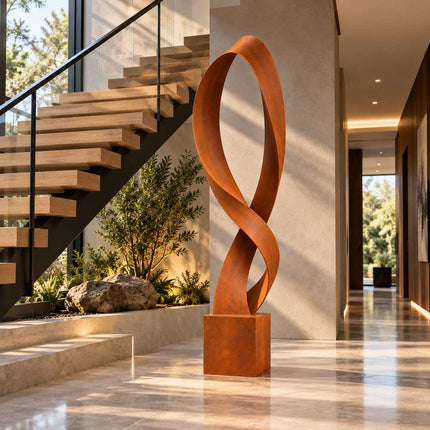 Corten steel abstract sculpture displayed beside a modern residential staircase