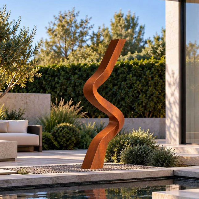 Corten steel sculpture with a flowing S-curve displayed in a modern residential courtyard