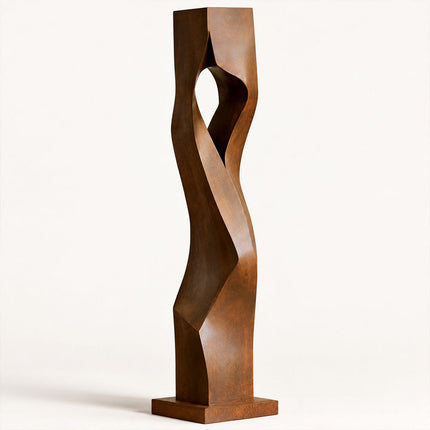 Corten steel sculpture with a tall twisted form and open center