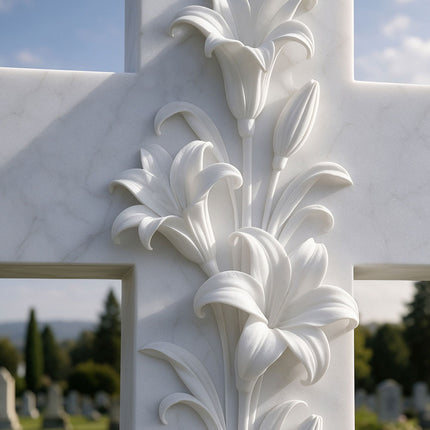 Close-up of raised lily blossoms, buds, and leaves carved on a white cross headstone