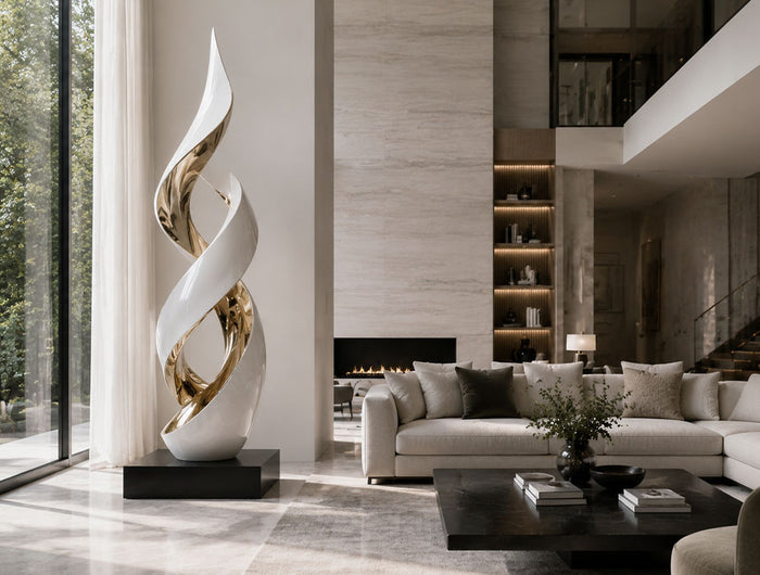 Custom fiberglass abstract sculpture installed in a contemporary luxury living room
