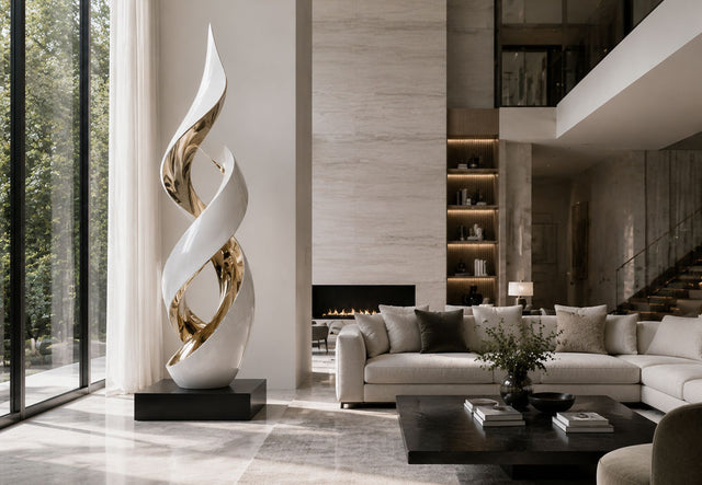 Custom fiberglass abstract sculpture installed in a contemporary luxury living room