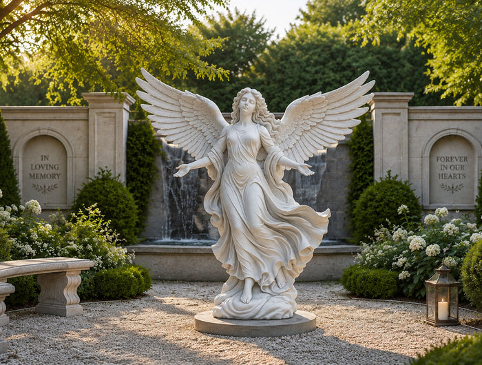 Handcrafted marble angel sculpture in a luxury memorial garden showcasing custom sculpture craftsmanship