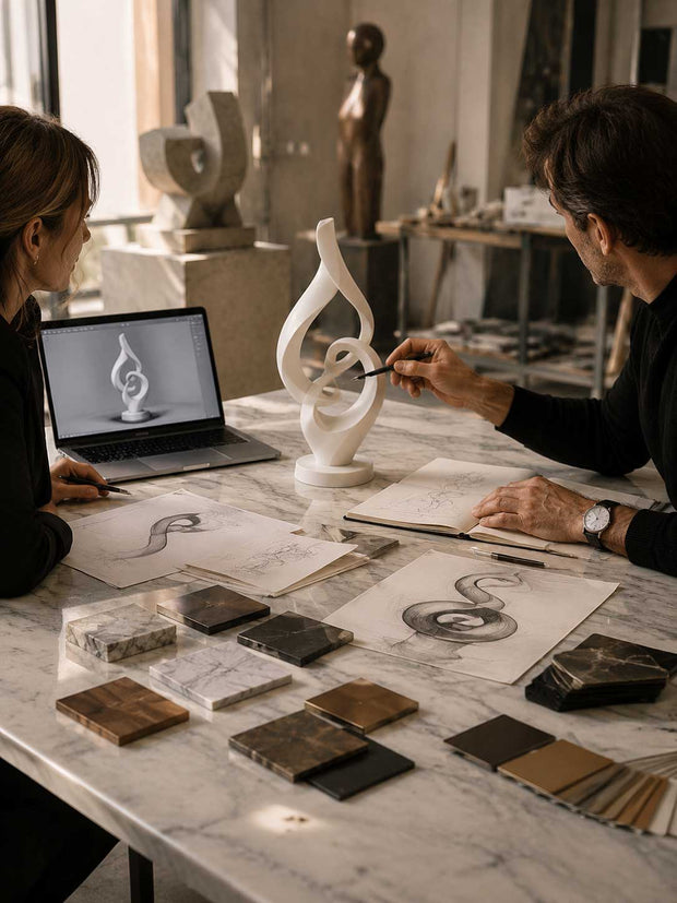Custom sculpture design process with artists reviewing sketches, 3D models, and a sculpture prototype during concept development