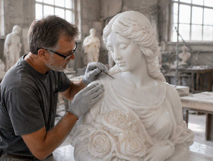 Artisan performing final inspection and quality review of a custom sculpture before delivery