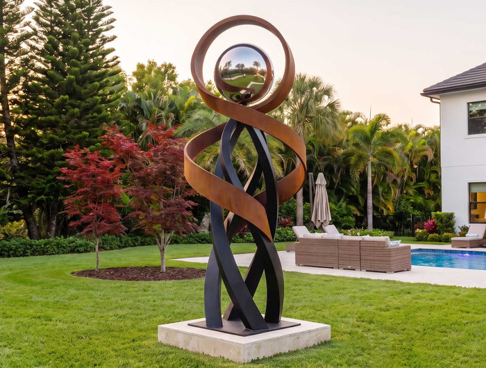Contemporary custom sculpture designed to define a luxury residential outdoor space.